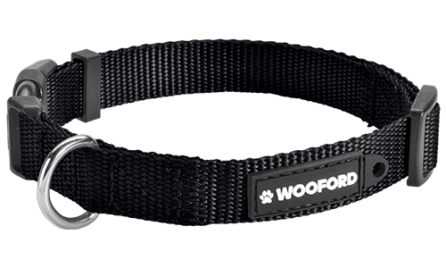 Essential Nylon Dog Collar Black adjustable dog collar, sturdy silver D-ring metal to attach a dog tag, comfortable and durable lightweight nylon.