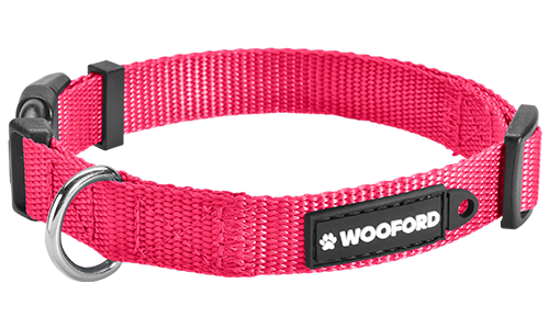 Essential Nylon Dog Collar Pink adjustable dog collar, sturdy silver D-ring metal to attach a dog tag, comfortable and durable lightweight nylon.