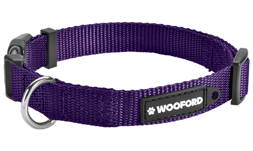 Essential Nylon Dog Collar Purple adjustable dog collar, sturdy silver D-ring metal to attach a dog tag, comfortable and durable lightweight nylon.