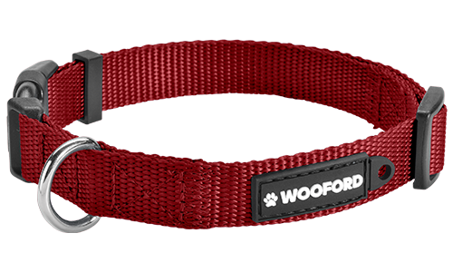 Essential Nylon Dog Collar Red adjustable dog collar, sturdy silver D-ring metal to attach a dog tag, comfortable and durable lightweight nylon.