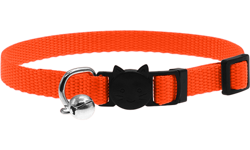 Adjustable breakaway cat collar in orange, lightweight, with a safety buckle with cat design and a small silver bell.