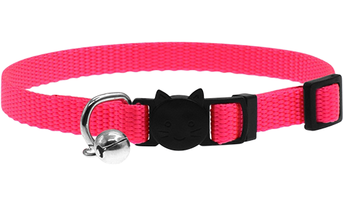 Adjustable breakaway cat collar in pink, lightweight, with a safety buckle with cat design and a small silver bell.