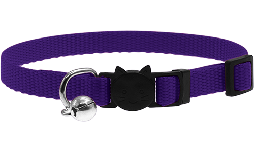 Adjustable breakaway cat collar in purple, lightweight, with a safety buckle with cat design and a small silver bell.