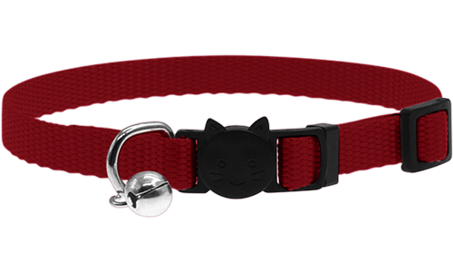 Adjustable breakaway cat collar in red, lightweight, with a safety buckle with cat design and a small silver bell.