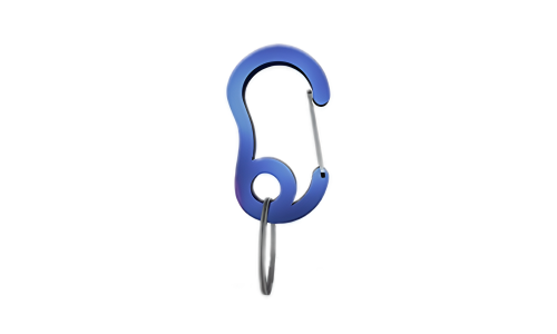 Blue snap hook carabiner with small split ring, durable, 13x22mm, for securing dog tags or accessories to collars.