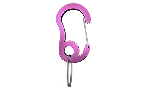 Pink snap hook carabiner with small split ring, durable, 16mm x 27mm, for securing dog tags or accessories to collars.