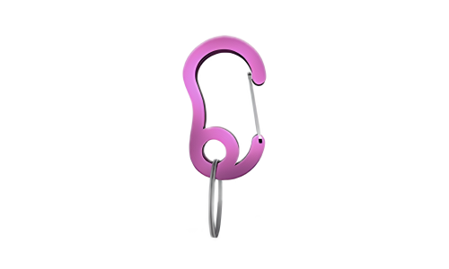 Pink snap hook carabiner with small split ring, durable, 13x22mm, for securing dog tags or accessories to collars.