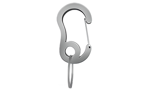 Silver snap hook carabiner with small split ring, durable, 16mm x 27mm, for securing dog tags or accessories to collars.