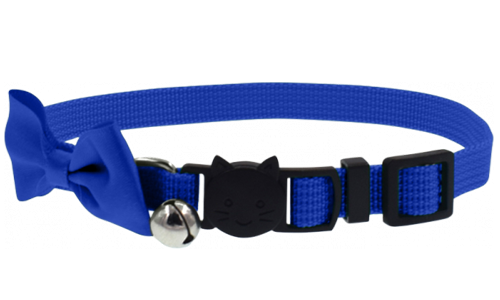Blue cat collar with a stylish bow and breakaway clasp, adjustable and lightweight, with a bell for charm & safety.
