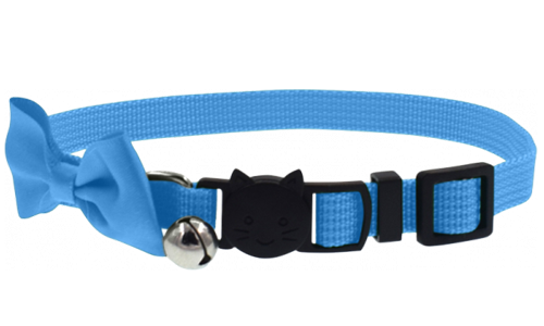 Light blue cat collar with a stylish bow and breakaway clasp, adjustable and lightweight, with a bell for charm & safety.