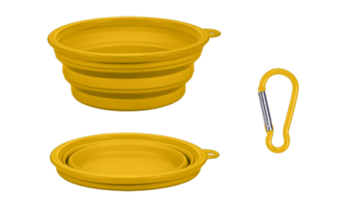 Yellow collapsible dog bowl, 350ml capacity, compact and travel-friendly. Foldable for easy portability and cleaning.