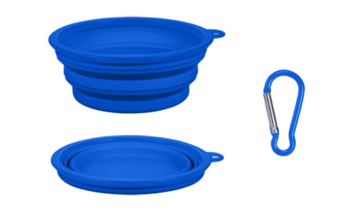 Blue collapsible dog bowl, 350ml capacity, compact and travel-friendly. Foldable for easy portability and cleaning.