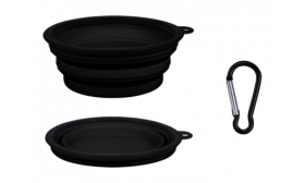 Black collapsible dog bowl, 350ml capacity, compact and travel-friendly. Foldable for easy portability and cleaning.