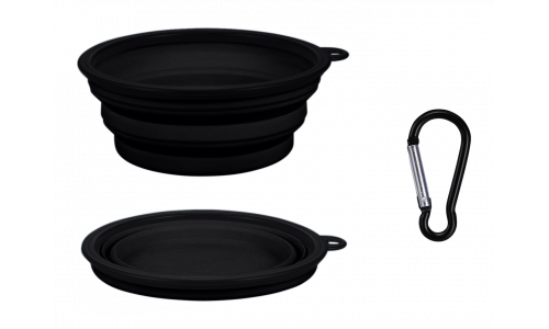 Collapsible Dog Bowl Black collapsible dog bowl, 350ml capacity, compact and travel-friendly. Foldable for easy portability and cleaning.