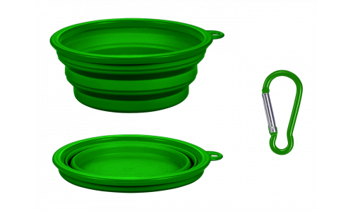 Green collapsible dog bowl, 350ml capacity, compact and travel-friendly. Foldable for easy portability and cleaning.