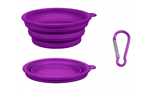 Violet collapsible dog bowl, 350ml capacity, compact and travel-friendly. Foldable for easy portability and cleaning.