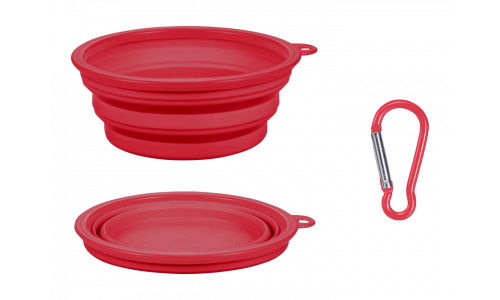 Red collapsible dog bowl, 350ml capacity, compact and travel-friendly. Foldable for easy portability and cleaning.