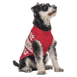 Red winter sweater for dogs with white snowflake pattern, washable, providing warmth and festive style.