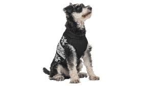Printed Winter Sweater for Dogs Black winter sweater for dogs with white snowflake pattern, washable, providing warmth and festive style.
