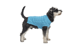 Blue warm cotton sweater for dogs with cable-knit pattern, extra protection, hand and machine washable.