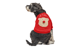 Red buttoned Christmas coat for dogs with a fluffy bear design on the back, washable, made of polyester.