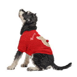 Red buttoned Christmas coat for dogs with a fluffy bear design on the back, washable, for winter and autumn.