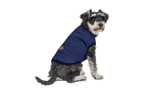 Navy blue windproof dog winter vest, comfortable fit, designed for warmth and protection in cold weather.