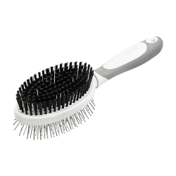 Double-sided dog brush with ergonomic handle, with soft bristles on one side and metal pins on the other for dual grooming.