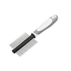 Double-sided dog comb with ergonomic handle, featuring fine and wide metal teeth for detangling and grooming.