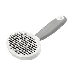 Self-cleaning pin brush for dogs and cats with fine metal pins and a ergonomic handle, to remove loose fur and tangles.