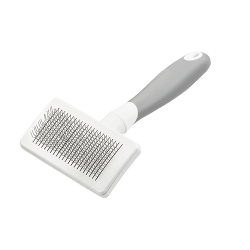 Self-cleaning slicker brush for dogs and cats with fine metal bristles and a ergonomic handle, to remove tangles.
