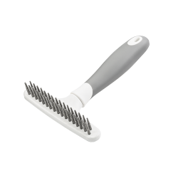 Dog undercoat rake with 32 metal pins and a ergonomic handle, to remove loose fur and reduce shedding from the undercoat.