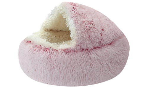 Slipper-shaped pet bed in pink with a fluffy interior, soft material, cosy, enclosed space for pets to rest.