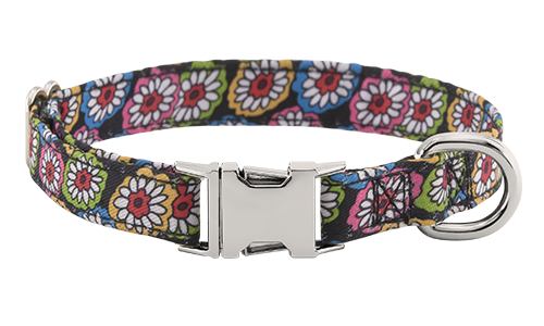Colourful floral-patterned dog collar with buckle for dog name engraving, 27 - 40cm in length and 1.5cm wide, with D-ring.