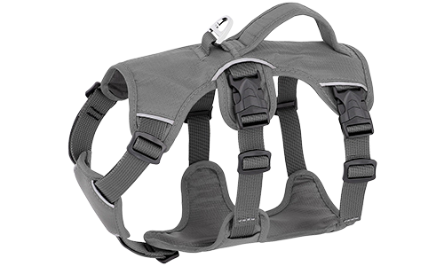 Reflective Waterproof Dog Harness Grey waterproof dog harness with adjustable straps, suitable for different types of dogs, with sturdy silver ring.