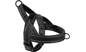 Black soft padded reflective dog harness with no-pull design, enhanced visibility with adjustable straps.