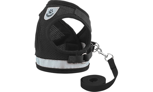 Reflective Dog Harness Vest with Matching Leash Black reflective dog harness vest with matching leash, lightweight, with breathable mesh fabric for comfort fit.
