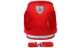 Red reflective dog harness vest with matching leash, lightweight, with reflective material for enhanced visibility.