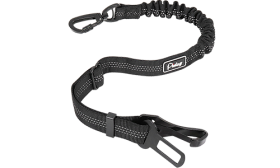 Reflective black safety seat belt dog leash, 55 - 65 cm length, adjustable strap, with bungee section and metal clip.