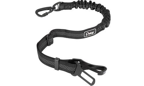 Reflective black safety seat belt dog leash, 55 - 65 cm length, adjustable strap, with bungee section and metal clip.
