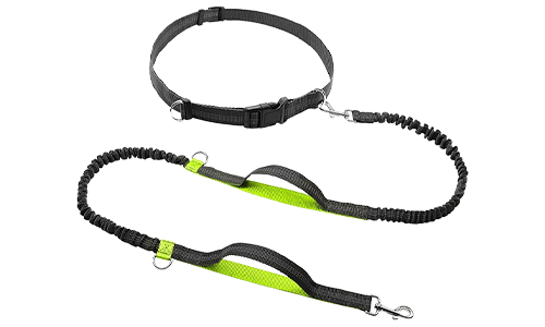 Hands Free Running Retractable Dog Leash Green hands free running retractable dog leash, 70 - 120 cm in length and 2.5cm width, adjustable belt, padded handles.