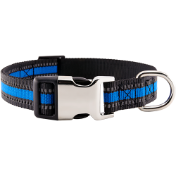 Reflective blue dog collar with adjustable metal buckle, 40-63 cm in length and 2.5cm wide, with D-ring for leash attachment.