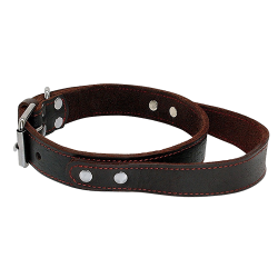 Brown genuine leather dog collar with quick-grab handle, durable and strong, with adjustable metal buckle.