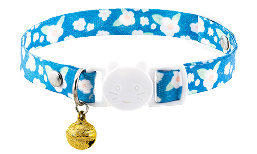 Breakaway cat collar with an blue floral design, adjustable and lightweight for comfort, with a white buckle and gold bell.