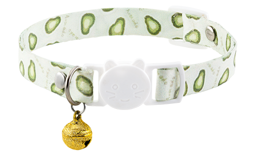 Breakaway cat collar with an kiwi design, adjustable and lightweight for comfort, with a white buckle and gold bell.