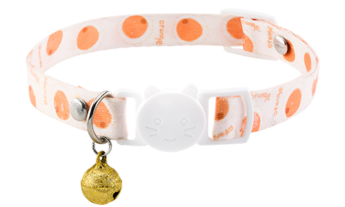 Breakaway cat collar with an orange design, adjustable and lightweight for comfort, with a white buckle and gold bell.