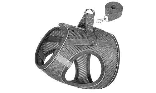 Grey reflective cat harness vest with a matching leash, adjustable and lighweight, 140cm leash, versatile and practical.