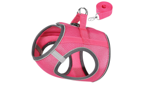 Pink reflective cat harness vest with a matching leash, adjustable and lighweight, 140cm leash, for comfort and visibility.