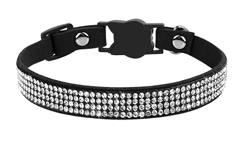 Luxury black breakaway cat collar with crystals, adjustable and lightweight for comfort, cat-shaped buckle and a bell.