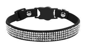 Luxury black breakaway cat collar with crystals, adjustable and lightweight for comfort, cat-shaped buckle and a bell.